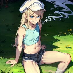 1boy 1femboy ai_generated black_shorts blonde_hair blue_eyes blue_tank_top cap enjuuji evil_grin evil_smile femboy ferdinando_agnello grass green_grass light-skinned_femboy light-skinned_male long_hair looking_at_viewer malicious_smile navel pale-skinned_femboy pale-skinned_male shadow short_shorts shorts sitting sitting_on_floor smiling smiling_at_viewer smoke smoke_from_mouth spread_legs tank_top teeth_clenched white_cap white_socks