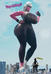 apokailypseart fortnite fortnite:_battle_royale giantess green_eyes harlowe_(fortnite) huge_ass huge_breasts marigold_(fortnite) pants pink_skin shoes size_difference sneakers tank_top text white_hair