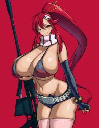 1girls 2023 belly_button belt big_ass big_breasts bikini_top bra elbow_gloves fanart hair_ornament hips holding_weapon large_ass large_breasts light-skinned_female light_skin long_hair looking_at_viewer massive_breasts pattern_clothing pink_socks ponytail red_hair scarf shorts skull_hair_ornament smile sniper socks stockings tengen_toppa_gurren_lagann thick_thighs thigh_socks thighhighs voluptuous voluptuous_female weapon wolffeld_price yellow_eyes yoko_littner