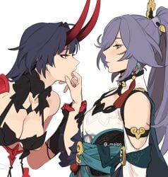 2girls female female_only flat_chest fu_hua fu_hua_(azure_empyrea) gray_eyes gray_hair half-closed_eyes honkai_(series) honkai_impact_3rd horns lesbian maiqo purple_eyes purple_hair raiden_mei raiden_mei_(herrscher_of_thunder) sucking sucking_fingers tagme yuri