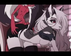 animated animation anthro assjob assjob_through_clothes bare_shoulders bouncing_breasts clothed clothed_sex furry gif hellhound helluva_boss jiggle kyde loona_(helluva_boss) male/female moxxie_(helluva_boss) see-through straight tagme tits_out uninterested