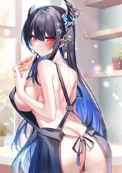 absurdres apron ass asymmetrical_horns black_nails breasts cheese_trail demon_horns eating female food fruit hair_ornament highres holding holding_food holding_pizza hololive hololive_english hololive_english_-advent- horns large_breasts light_particles llg062666 long_hair mole mole_under_eye naked_apron nerissa_ravencroft pepperoni pineapple pineapple_on_pizza?! pineapple_pizza pizza pizza_slice red_eyes sideboob solo tassel tassel_hair_ornament very_long_hair virtual_youtuber