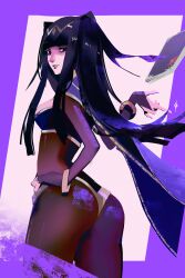 1girls absurdres armlet ass black_hair book bracelet breasts female female_only fire_emblem fire_emblem_awakening floating floating_book floating_object hand_on_own_hip highres jewelry light_smile long_hair looking_at_viewer looking_back nem_graphics nem_graphics nintendo purple_background solo tharja_(fire_emblem)