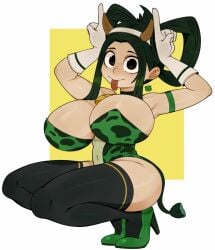 1girls big_breasts bunnysuit choker cleavage cow_horns cow_tail earrings eyebrows female female_only green_hair high_heels large_breasts looking_at_viewer melonpuff my_hero_academia solo solo_female solo_focus tail thick_thighs thighhighs thighs tongue tongue_out tsuyu_asui