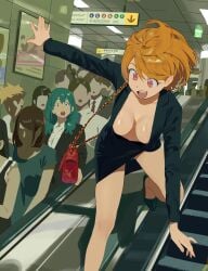 1girls big_breasts blonde_hair cleavage escalator exhibitionism female female_only heels meme original original_character parkour public public_indecency public_transportation sliding some1else45 upskirt