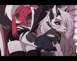 animated animation anthro bare_shoulders bouncing_breasts clothed clothed_sex doggy_style furry hellhound helluva_boss jiggle kyde loona_(helluva_boss) male/female moxxie_(helluva_boss) see-through straight tagme uninterested