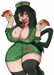 1girls big_breasts blood bloody_clothes cleavage eyebrows eyebrows_visible_through_hair fangs fangs_out female_only large_breasts long_hair looking_at_viewer melonpuff my_hero_academia nurse nurse_cap nurse_uniform red_eyes solo solo_female solo_focus swirly_eyes thick_thighs thighhighs thighs tsuyu_asui wide_hips