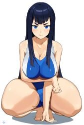 blue_eyes dark_hair kill_la_kill kiryuuin_satsuki leotard long_hair squatting swimsuit t-lex