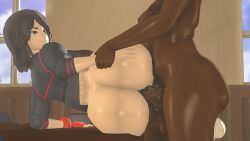 3d asian_female dark-skinned_futanari dark_skin eastern_and_western_character futa_on_female futanari gloves heroine holding_arm interracial jade_(theboobedone) kill_la_kill matoi_ryuuko partially_clothed precum_trail school_desk schoolgirl side_fuck theboobedone thick_ass two_tone_hair vaginal_penetration