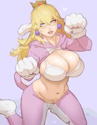 1girls big_breasts blonde_hair bra cat_peach cleavage clothed cropped_hoodie gloves kneeling mario_(series) materclaws pose princess_peach solo super_mario_3d_world