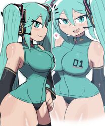 big_breasts blue_eyes blue_hair breasts egghead hatsune_miku heart no_pants number one_piece_swimsuit seductive_look shiny_skin thick_thighs tony_welt twintails vocaloid wide_hips