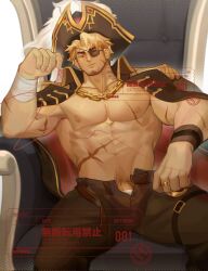 1boy abs amaimochi bara bara_pirate bare_pectorals biceps blonde_hair coat coat_on_shoulders commission eyepatch goatee_stubble hat highres large_pectorals leather leather_pants looking_at_viewer male male_focus male_only male_underwear male_underwear_peek mature_male muscular muscular_male navel nipples original pants pectorals penis penis_peek pirate pirate_hat red_eyes scar scar_on_arm scar_on_chest scar_on_stomach short_hair sideburns sitting solo spread_legs stomach strongman_waist thick_eyebrows thick_thighs thighs underwear