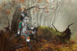 anthro autumn big_ears black_body black_fur black_hair black_nose canid canine deodrac detailed_background forest forest_background fox fur genitals grass green_body green_fur grey_body grey_fur gronnulv hair hand_on_knee hand_on_leg inner_ear_fluff male mammal multicolored_body multicolored_fur nature nature_background navel neck_tuft orange_body orange_fur penis pink_penis plant short_hair sitting solo tree tuft white_body white_fur white_inner_ear white_inner_ear_fluff yellow_eyes