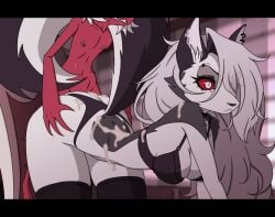 animated animation anthro ass back bare_shoulders body bouncing_breasts clothed clothed_sex cum cum_on_body eyes furry hellhound helluva_boss jiggle kyde lingerie_only loona_(helluva_boss) lower male/female moxxie_(helluva_boss) on open see-through straight surprised surprised_expression wide
