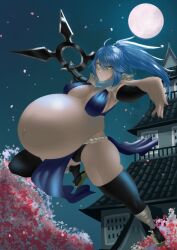 1girls big_belly blue_hair clone66 disproportional female female_only green_eyes hyper_belly kunoichi pregnant ready_to_pop solo_female