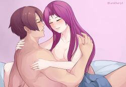 1boy 1girls athena_asamiya bed bedroom breasts brown_hair charlyarts10_(artist) exposed_breasts hugging idol king_of_fighters kyo_kusanagi nude_female nude_male pink_hair pleasure_face psycho_soldier purple_hair ring_(jewelry) romantic romantic_couple romantic_sex sheets snk straight wedding_ring wholesome_sex