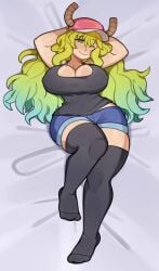 1girls antlers bed big_breasts blonde_hair blue_hair cleavage eyebrows green_eyes green_hair hands_behind_back jean_shorts large_breasts laying_down laying_on_bed long_hair looking_at_viewer melonpuff miss_kobayashi's_dragon_maid multicolored_hair quetzalcoatl_(dragon_maid) thick_thighs thighs wide_hips