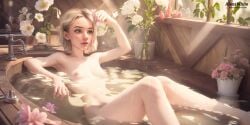 1girls ai_generated alexxwhite bathing blonde_hair breasts completely_nude completely_nude_female female female_focus female_only flower gwen_stacy highres in_water indoors light-skinned light-skinned_female light_skin marvel nipples nude nude_female self_upload short_hair solo solo_female solo_focus spider-man:_across_the_spider-verse stable_diffusion water