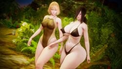 2girls 3d arcrad big_breasts bikini black_bikini black_hair blonde_hair breasts busty curvaceous curvy curvy_body curvy_female curvy_figure female forest huge_breasts large_breasts necklace original original_characters swimsuit thick_thighs thighs voluptuous