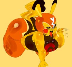 anthro anthrofied big_ass big_breasts blowjob_gesture breasts bubble_butt clothed clothing cosplay_pikachu fellatio_gesture female furry furry_only gesture greatalmightyjj huge_ass nintendo no_humans pikachu pikachu_libre pokémon_(species) pokemon solo suggestive suggestive_gesture tail