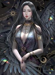 black_hair breasts earrings long_hair necklace revealing_clothes serafleur tight_clothing wings