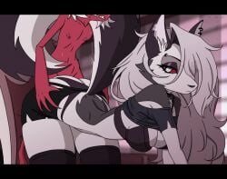 animated animation anthro bare_shoulders bouncing_breasts clothed clothed_sex doggy_style furry hellhound helluva_boss jiggle kyde loona_(helluva_boss) male/female moxxie_(helluva_boss) see-through straight tagme uninterested