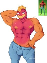 1boy abs anthro bara baxter7020 baxtertvin biceps epic_games fish fish_thicc_(fortnite) fortnite gay happy male muscular muscular_male nipples pants pleasure_face red_body simple_background simple_shading video_games