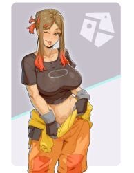 1girls gloves large_breasts materclaws no_bra one_eye_closed orla_(pokemon) pokemon pokemon_horizons shirt standing twintails