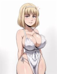 1girls ai_generated arms_behind_back attack_on_titan bare_arms bare_shoulders bare_thighs blonde_hair cleavage cowboy_shot curvy dress female female_only gardener_ai grey_eyes hairband heart hourglass_figure huge_breasts large_breasts panty_straps pelvic_curtain revealing_clothes seductive short_hair side-tie_panties simple_background skimpy sleeveless slit_dress smile solo stable_diffusion standing thick_thighs white_background white_dress wide_hips ymir_fritz