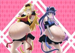 2girls big_belly blue_eyes catgirl clone66 female multiple_girls multiple_pregnancies panty_&_stocking_with_garterbelt panty_anarchy pregnant purple_hair ready_to_pop stocking_anarchy stretch_marks torpedo_belly veiny_belly yellow_hair