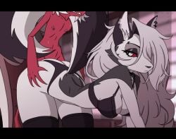 animated animation anthro bare_shoulders bouncing_breasts clothed clothed_sex furry hellhound helluva_boss jiggle kyde loona_(helluva_boss) male/female moxxie_(helluva_boss) partially_clothed see-through straight tagme uninterested