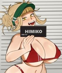 1girls barbie_and_ken_mugshot_(meme) big_breasts bikini bikini_bottom bikini_top blonde_hair cap cleavage eyebrows eyebrows_visible_through_hair fangs female female_only himiko_toga large_breasts looking_at_viewer melonpuff meme mugshot my_hero_academia navel nipple_bulge open_mouth solo solo_female solo_focus tongue tongue_out visor_cap wide_hips yellow_eyes