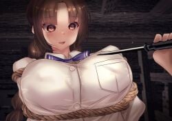 1boy 1girls bondage braid breasts breasts_bigger_than_head brown_eyes brown_hair buttons collared_shirt gore guro holding holding_object huge_breasts kidnapped long_hair purple_bow rika_(touhou) rope scared screwdriver shounen_(hogehoge) sweat tears tied_up touhou touhou_(pc-98) white_shirt