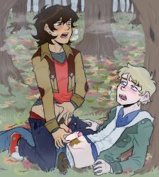 2boys autumn best_friends breath caleb_(petenans) clothed_sex clothes clothing couple couple_(romantic) couple_sex cum_drip cumshot forest forest_background freckles fully_clothed gay gay_sex luka_(petenans) masturbation mole mole_under_eye mutual_masturbation oc original_character original_characters outdoor_sex outdoors outside outside_sex pants_down petenans public public_sex skinny_male twink woods yaoi