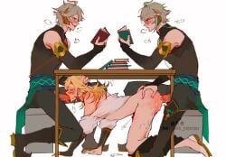 3boys abs alhaitham_(genshin_impact) anal blowjob blush clone gay genshin_impact kaveh_(genshin_impact) looking_at_another muscles panting reading_book spitroast trio under_the_table wkk_paoxiao yaoi