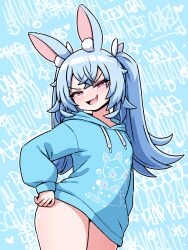 2023 alternate_version_at_source alternate_version_available blue_hair blue_sweater blush blush_lines bubble bunny bunny_ears bunny_girl clothed clothing english_text fanart glowing_eyes hair heart indie_virtual_youtuber inksgirls light-skinned_female light_skin long_hair long_twintails looking_at_viewer meme merchandise no_pants open_mouth pink_eyes rabbit rabbit_ears rabbit_girl smug star sweater text text_in_background thick_thighs twintails usako_nano_(nanobites) virtual_youtuber vtuber