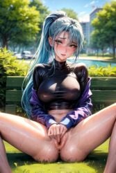 ai_generated big_breasts blue_eyes blue_hair breasts breasts_out embarrassed embarrassed_nude_female female female_only hands_in_pussy legs legs_apart legs_spread looking_at_viewer oiled_skin oily outside outside_masturbation pussy pussy_juice pussy_juice_drip sitting sweaty sweaty_body