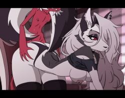 animated animation anthro bare_shoulders bouncing_breasts clothed clothed_sex furry hellhound helluva_boss jiggle kyde loona_(helluva_boss) male/female moxxie_(helluva_boss) partially_clothed see-through straight tagme tits_out uninterested