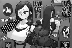 1boy bar_censor breasts censored collarbone crop_top cropped ekz ekz_(robotekz) elbow_pads english_text female final_fantasy final_fantasy_vii fingerless_gloves gloves greyscale large_breasts long_hair monochrome motion_lines paizuri paizuri_under_clothes penis skirt sound_effects speech_bubble suspender_skirt suspenders thighhighs tifa_lockhart veins veiny_penis