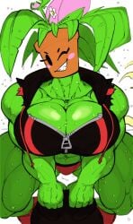 1girls big_breasts blaster_master blush blush_stickers breasts buff cropped_hoodie female goatboydraws huge_breasts kanna_(blaster_master) lifting_weights looking_at_viewer muscular muscular_arms muscular_female muscular_legs plant plant_girl plantie sharp_teeth shorts smile solo solo_female sweat sweaty_breasts thick_thighs