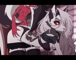 animated animation anthro ass back bare_shoulders bouncing_breasts clothed clothed_sex cum cum_on_body furry hellhound helluva_boss jiggle kyde loona_(helluva_boss) lower male/female moxxie_(helluva_boss) panties panties_aside see-through straight surprised