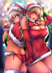 2girls animal_ears arm_up artist_request ass back_to_back big_breasts blonde_hair blue_eyes blurry christmas dress green_eyes jewelry looking_at_viewer original panties yukibuster_z