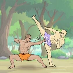 2boys bald bald_man ballbust ballbusting barefoot cbt cock_and_ball_torture domination duo fight forest gay greenzbamboo human human_only low_blow male male/male male_focus male_only martial_arts mma partially_clothed self_upload shorts sparring yaoi