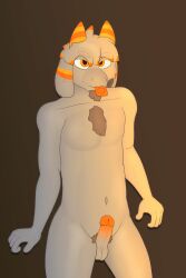 anthro balls body_hair bovid caprine cheek_tuft chest_hair condom condom_in_mouth facial_hair facial_tuft floppy_ears fur genitals glans goat grey_body grey_fur gusta gusta_(gusta) hair hi_res horn male mammal nude object_in_mouth orange_eyes orange_glans orange_horn orange_stripes penis pubes sexual_barrier_device solo stripes tuft