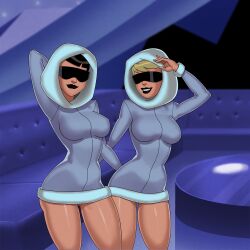 2girls batman:_the_animated_series batman_(series) big_breasts black_hair blonde_hair dc dc_comics dcau female female_only ice_maidens_(dcau) multiple_girls no_panties parka pussy shades something_unlimited sunglasses sunsetriders7 the_new_batman_adventures third-party_edit tinted_eyewear