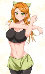 1girls bare_arms bare_midriff breasts cleavage etie_(fire_emblem) female female_only fire_emblem fire_emblem_engage green_eyes large_breasts long_hair looking_at_viewer midriff motion_lines nintendo orange_hair pantyhose skirt smile solo stretching tank_top thighs toned toned_female toshimasa