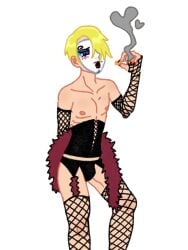 1boy _mimama69_ blonde_hair blue_eyes blue_eyeshadow bulge cigarette corset crossdressing eyelashes face_paint facial_hair feather_boa fishnets garter_belt laced_corset makeup male_only one_piece red_lipstick rocky_horror_picture_show smoking solo vinsmoke_sanji