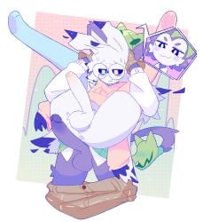 2boys :3 abstract_background amaruu anthro arthropod ass balls big_penis bottomless clothed duo eyewear femboy full_nelson full_nelson_(legs_held) furry gay glasses gloves haplorhine hi_res hoodie humanoid imminent_sex insect_boy insects interspecies interspecies_yaoi leg_lift legwear lepidopteran male male_only moki_(mokimonky) monkey moth nacho_(nachokokoni) nervous original_character pants pants_down penis primate purple_fur round_glasses smug sweat tail thighhighs white_body white_fur yaoi