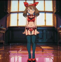 ai_generated belly belly_button bowtie brown_hair lingerie may_(pokemon) pokemon red_high_heels red_lingerie standing