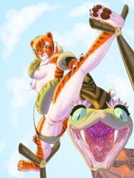 anthro anus areola ass big_butt breasts brown_stripes dreamworks duo eyelashes fangs felid female flexible fur genitals green_body green_scales green_sclera hi_res kung_fu_panda looking_at_viewer mammal master_tigress master_viper neck_tuft nipples nude open_mouth orange_body orange_eyes orange_fur pantherine pawpads pink_areola pink_nipples pupils pussy reptile samyrai scales scalie slit_pupils snake splits spread_legs spreading stripes teeth thick_thighs tiger tuft white_body white_fur wide_hips yellow_sclera